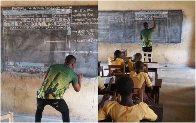A criatividade do professor ganês Richard Appiah Akoto — conhecido nas redes sociais como Owura Kwadwo — percorreu o mundo depois que ele compartilhou fotos de uma aula em que explicava o funcionamento de programas de computador sem ter um computador. No lugar da tela, a lousa (Foto: X)