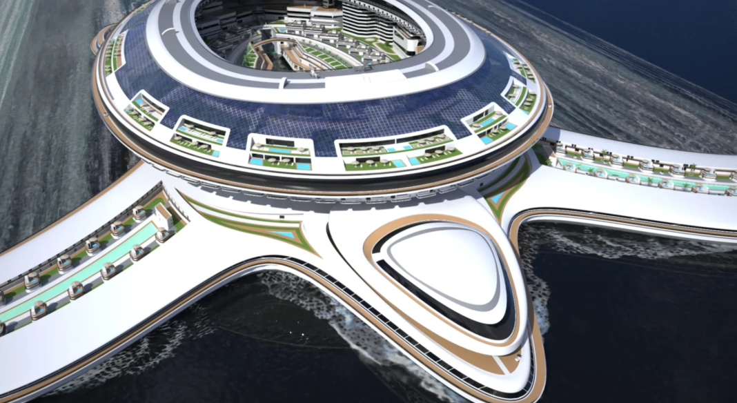 Imagine uma cidade inteira navegando pelos oceanos, equipada com resorts, shopping centers, heliportos e espaço para dezenas de milhares de pessoas (Foto: X)