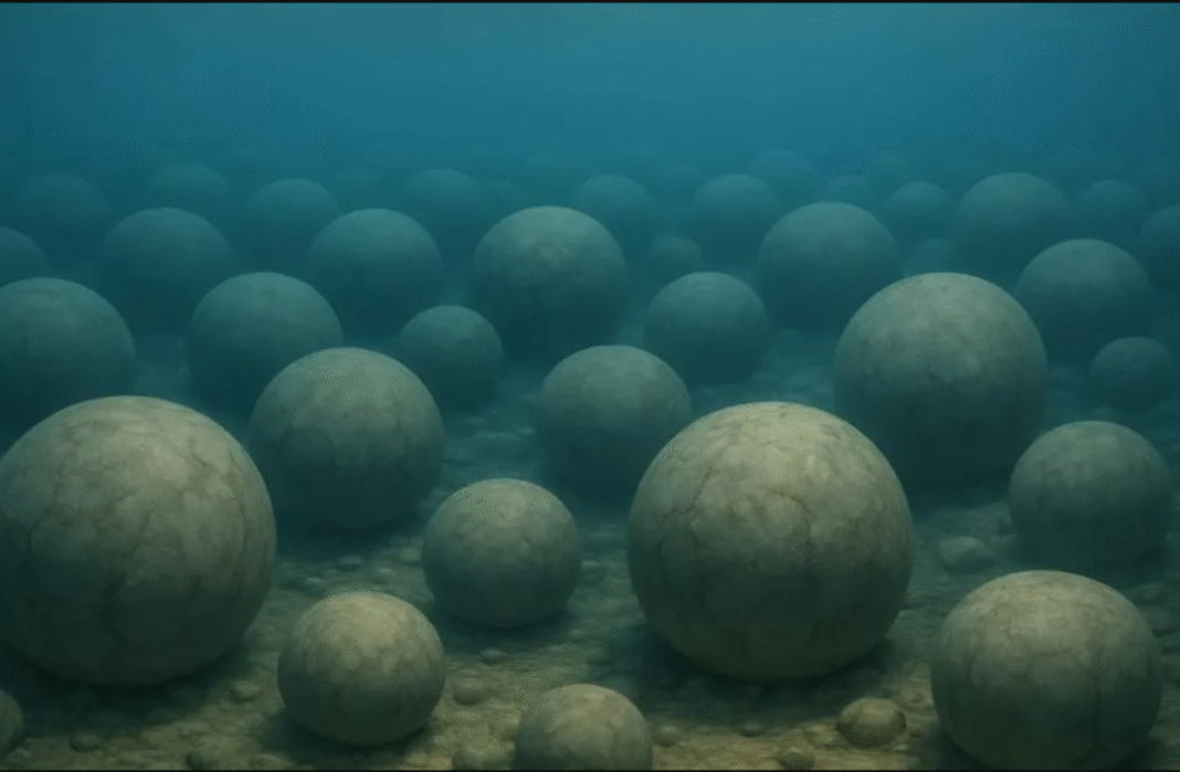Pode parecer estranho ver esferas de concreto de 400 toneladas sendo lançadas no fundo do mar, mas a iniciativa tem um objetivo nobre: revolucionar o armazenamento de energia limpa no mundo (Foto: X)