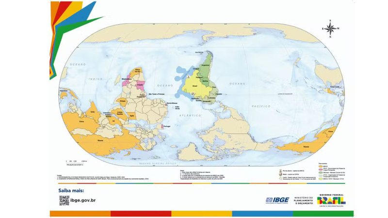 Uma nova representação do mundo, com o Brasil no centro e o Sul Global voltado para o topo, foi lançada pelo Instituto Brasileiro de Geografia e Estatística (IBGE) (Foto: X)