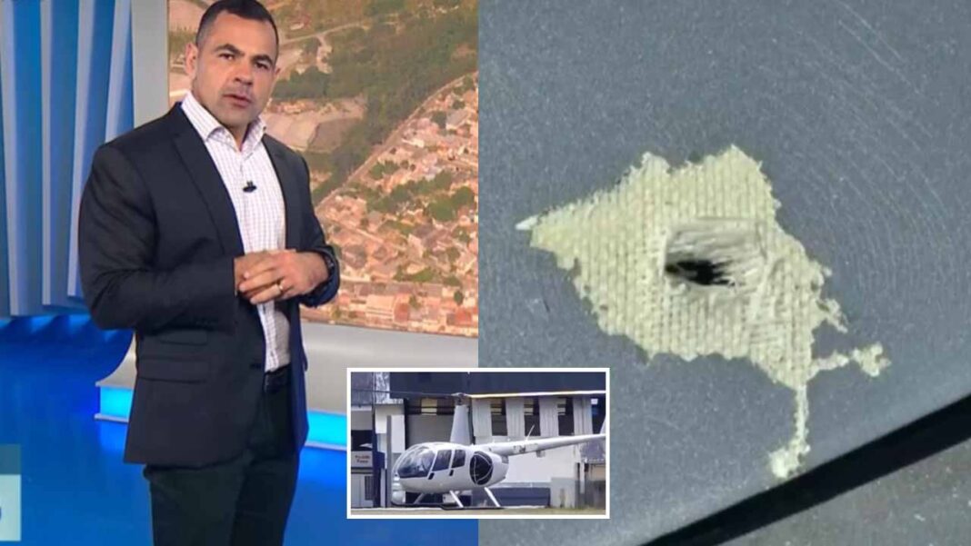 O Sindicato dos Jornalistas Profissionais do Município do Rio de Janeiro notificou a Record TV após o helicóptero da emissora ter sido alvo de aproximadamente 200 disparos durante uma cobertura aérea na Zona Norte da capital fluminense, no último dia 5 (Foto: X)