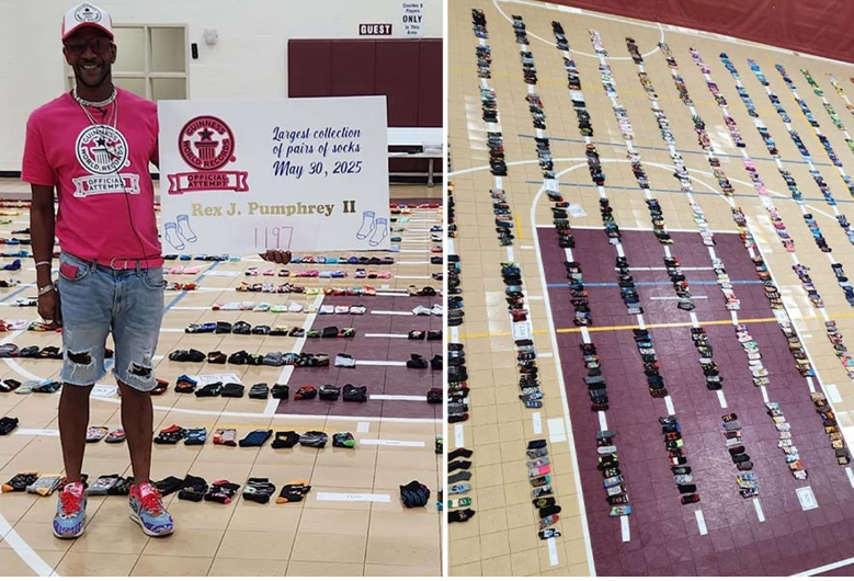 O jovem americano Rex J. Pumphrey II conquistou, no último domingo (21/9), um lugar no Guinness World Records ao exibir uma coleção de 1.165 pares de meias decoradas (Foto: X)