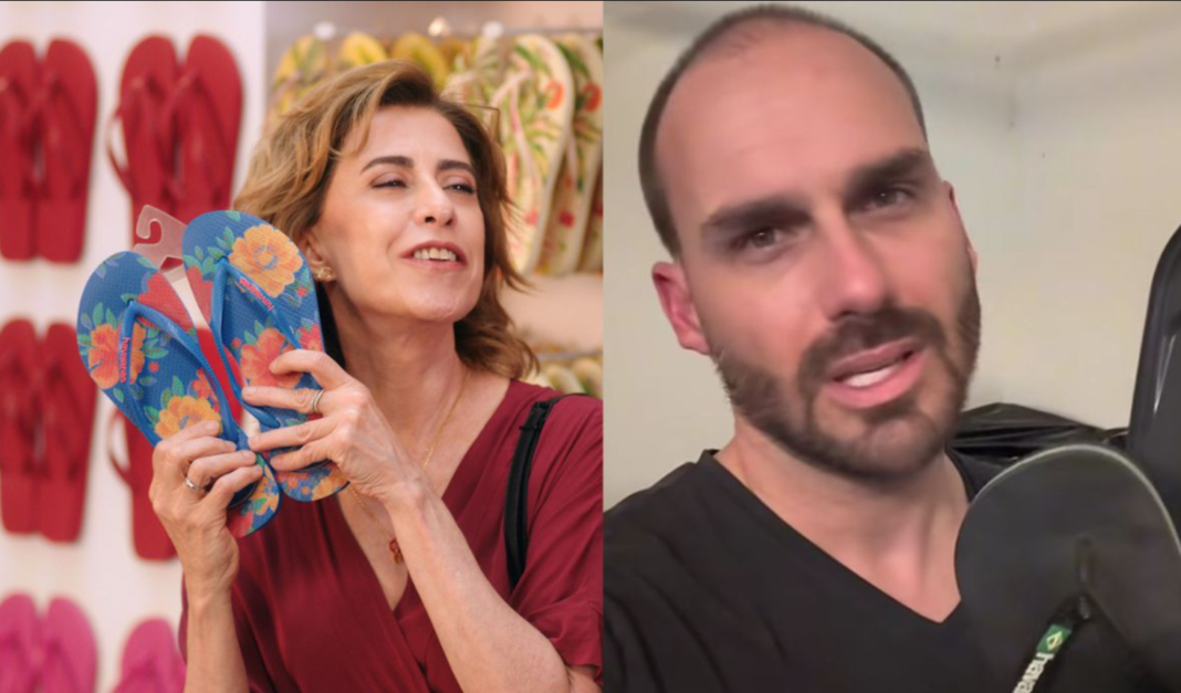 O ex-deputado federal Eduardo Bolsonaro divulgou um vídeo nas redes sociais em que critica duramente uma campanha publicitária da Havaianas e, ao final, joga um par de sandálias da marca no lixo (Foto: X)