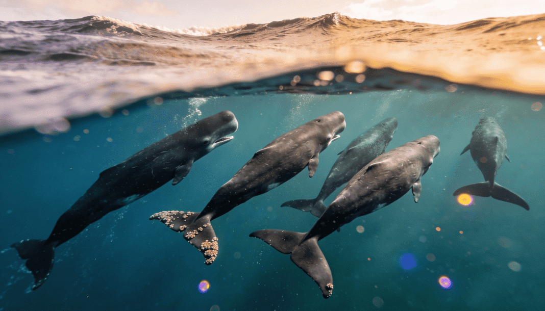 Baleias-cachalote não “clicam” no escuro. Um conjunto de pesquisas ligadas ao Projeto CETI, em parceria com cientistas do MIT, vem mostrando que esses animais organizam sequências de cliques — as chamadas codas — de modo bem mais estruturado do que se imaginava (Foto: X)
