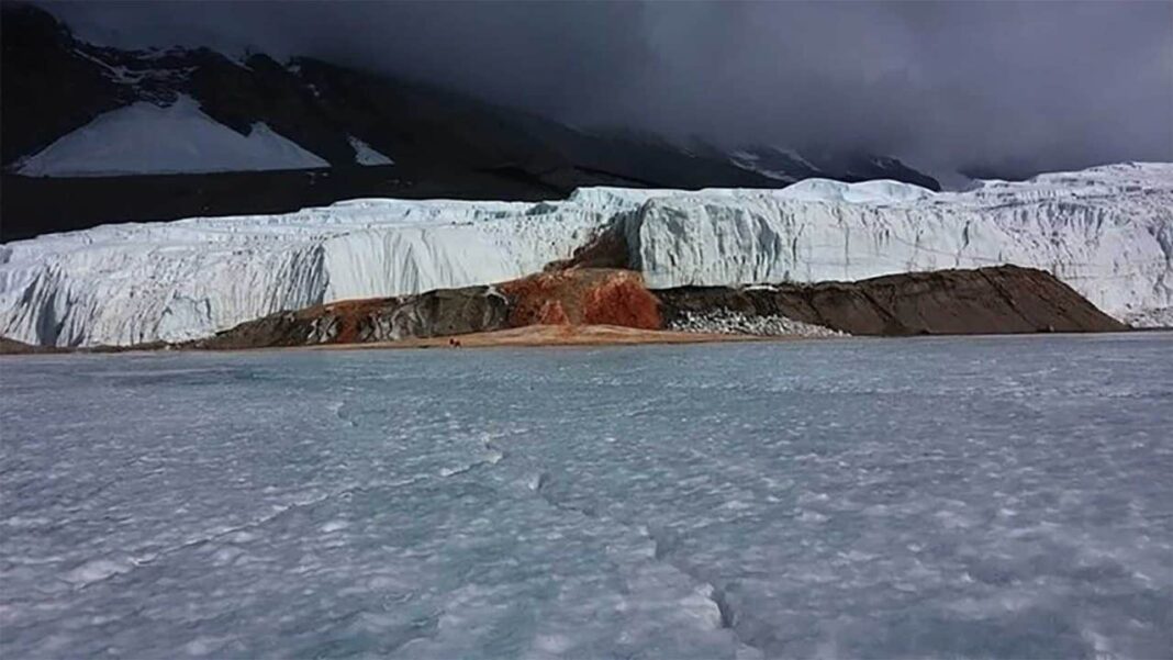 As chamadas “Cachoeiras de Sangue”, que escorrem pela Geleira Taylor em direção ao Lago Bonney, são resultado de um processo químico e geológico que vai muito além da aparência dramática (Foto: X)