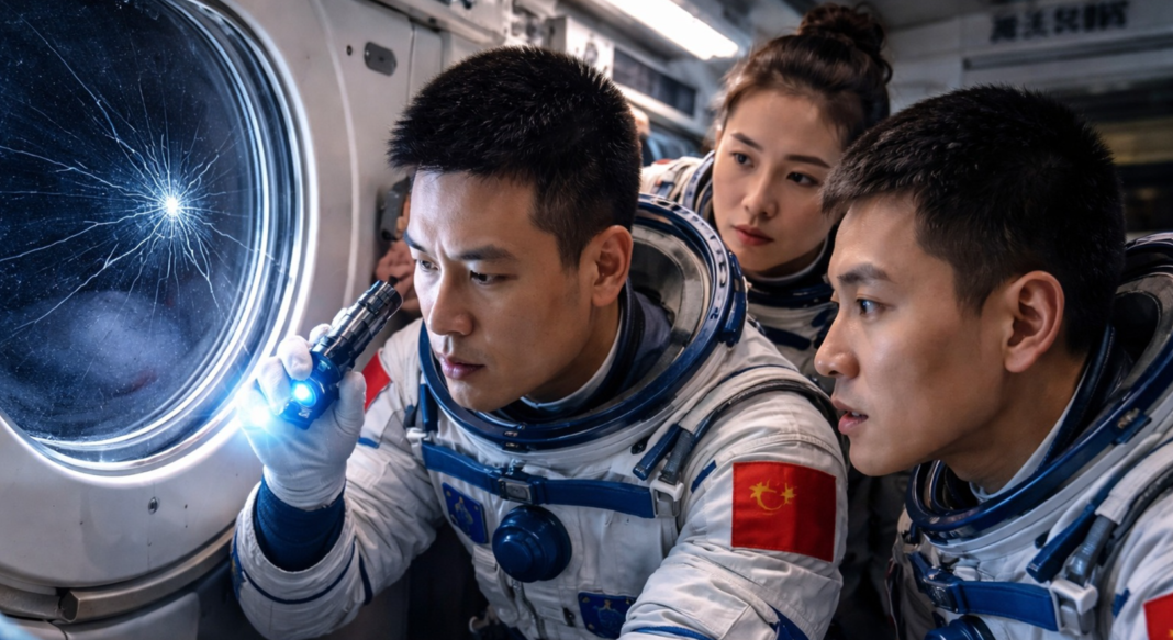 Astronautas da missão Shenzhou-20 revelaram detalhes do momento em que identificaram uma rachadura na janela da cápsula enquanto estavam em órbita (Foto: X)