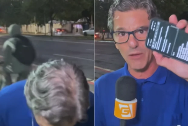 O que era para ser apenas mais uma entrada ao vivo acabou se transformando em um momento de tensão para o repórter Alexandre Silvestre, da TV Gazeta (Foto:X)