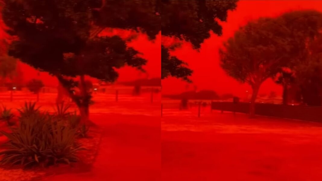 Um cenário incomum chamou a atenção na Austrália Ocidental: o céu ganhou tons intensos de vermelho e laranja após a passagem do ciclone tropical Narelle (Foto: X)