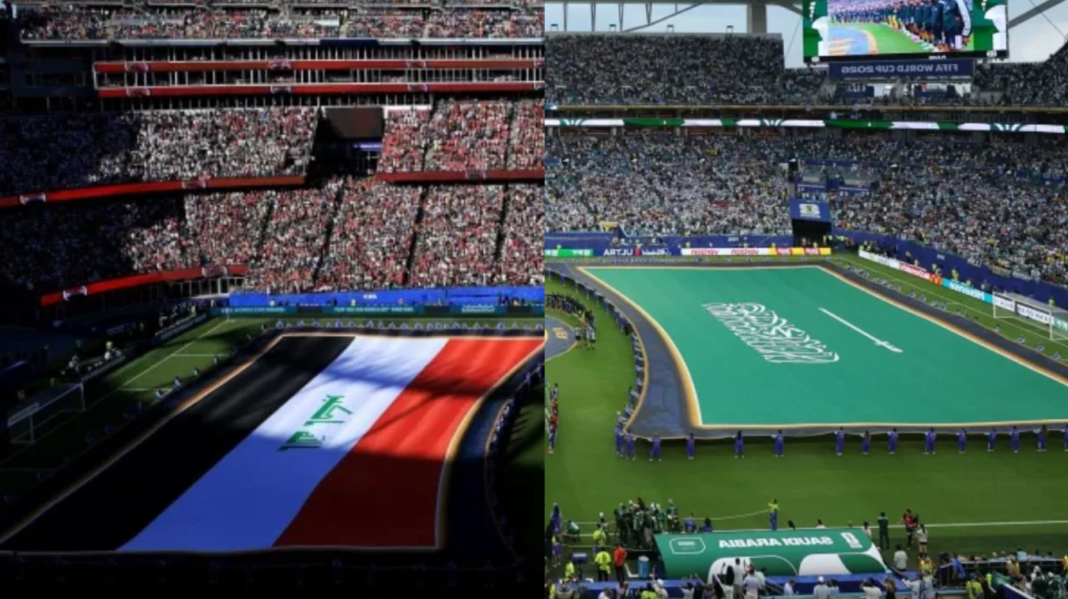 Enquanto as bandeiras de todas as outras seleções foram estendidas no gramado como parte do protocolo padrão, a bandeira saudita foi mantida elevada por voluntários durante toda a cerimônia (Foto: X)