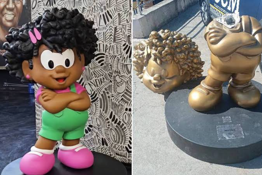 Uma escultura da personagem Milena, primeira protagonista negra da Turma da Mônica, foi alvo de vandalismo na cidade de São Paulo (Foto: X)